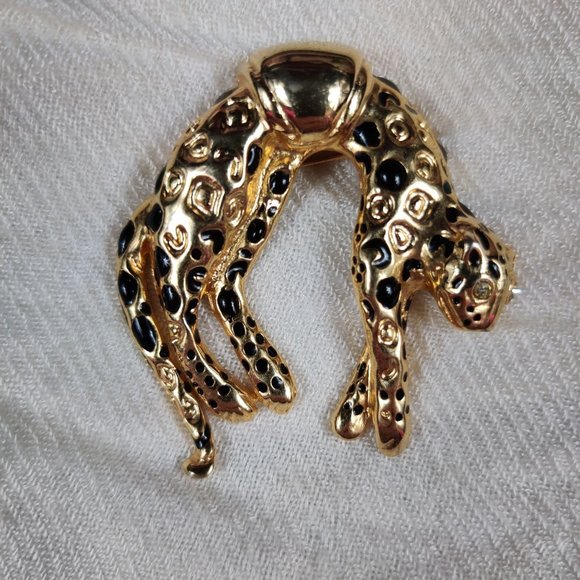 Vintage Panther Brooch Clear Rhinestone Crystal Eyes Metal Pin Retro Gold Tone - Picture 2 of 9